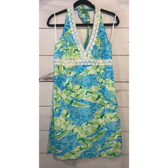 Lilly Pulitzer Size 10 Halter Dress Green Blue White Trim GUC (Stain) - Picture 1 of 7